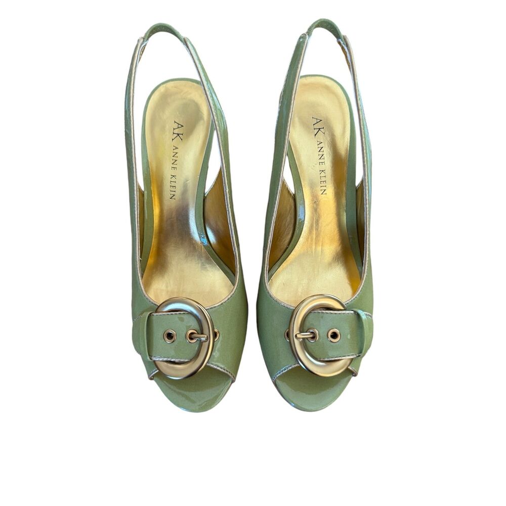 Anne Klein PT Mistral Green and Gold Buckle Peep Toe Wedge Slingback Wicker Heel